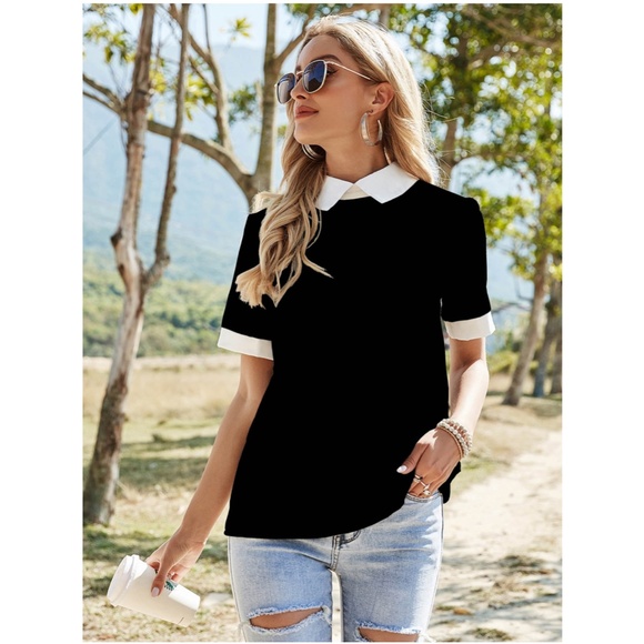 Black Blouse Shirt White Collar - Picture 6 of 12